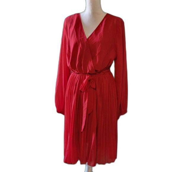 Farysays Wrap V Neck Flowy Pleated Long Sleeve Red Midi DressSz XL - Picture 4 of 7